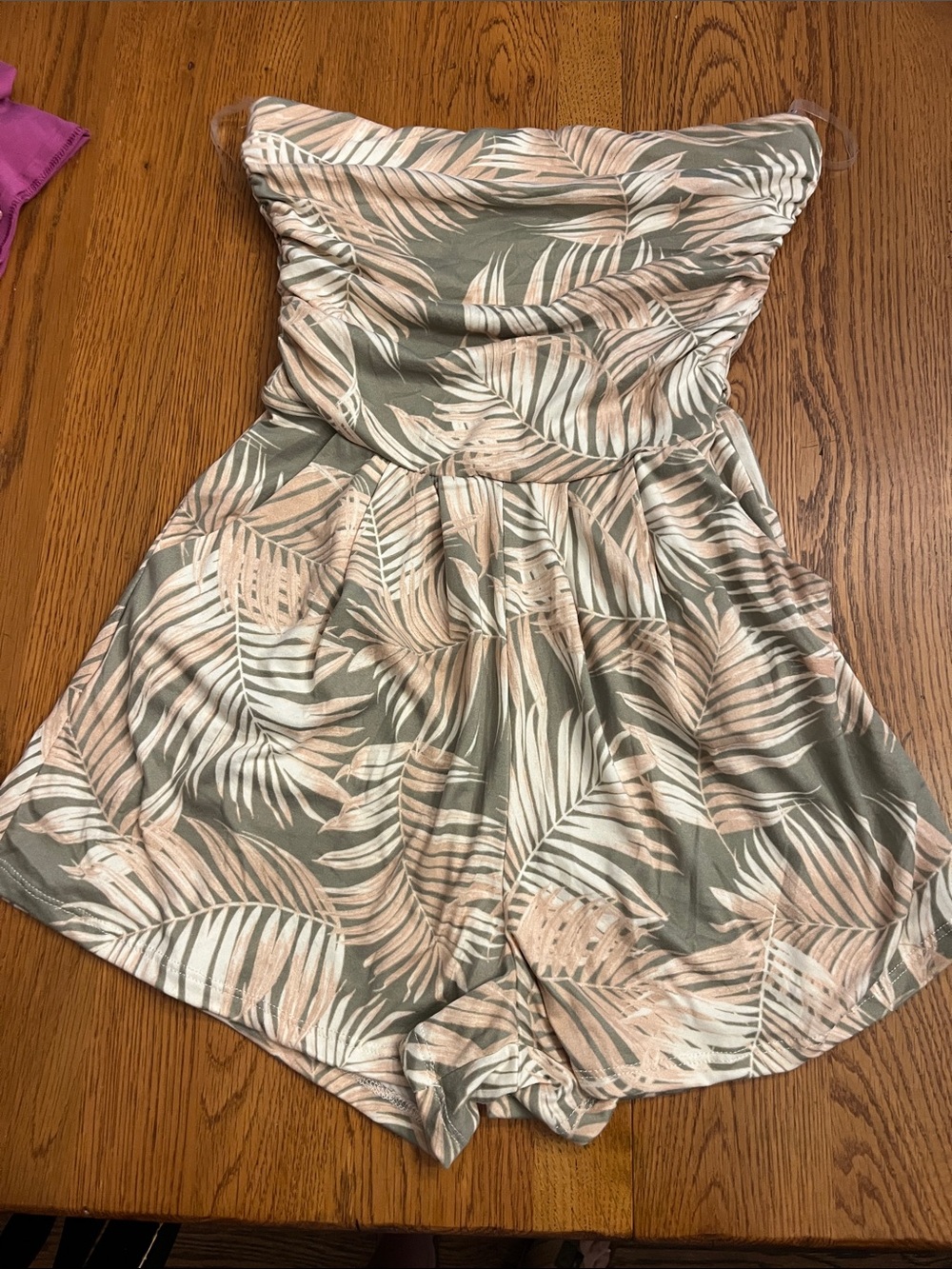 Heart Hips Tropical Leaf Strapless Romper in Olive & Blush